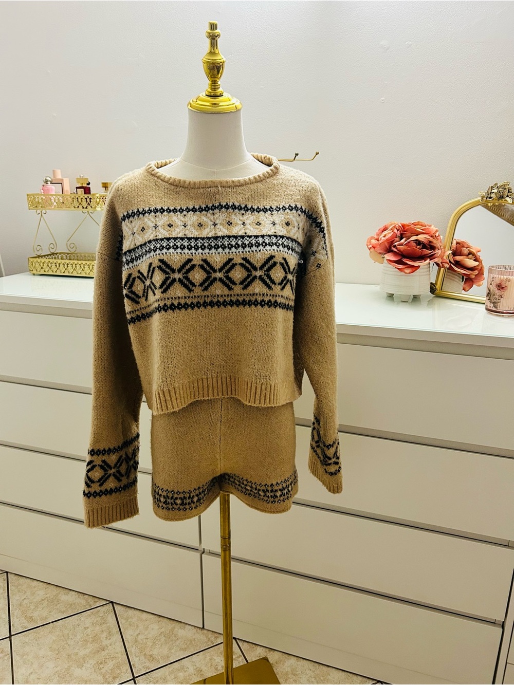 wild fable Camel Fair Isle Knit Crewneck & Shorts Set